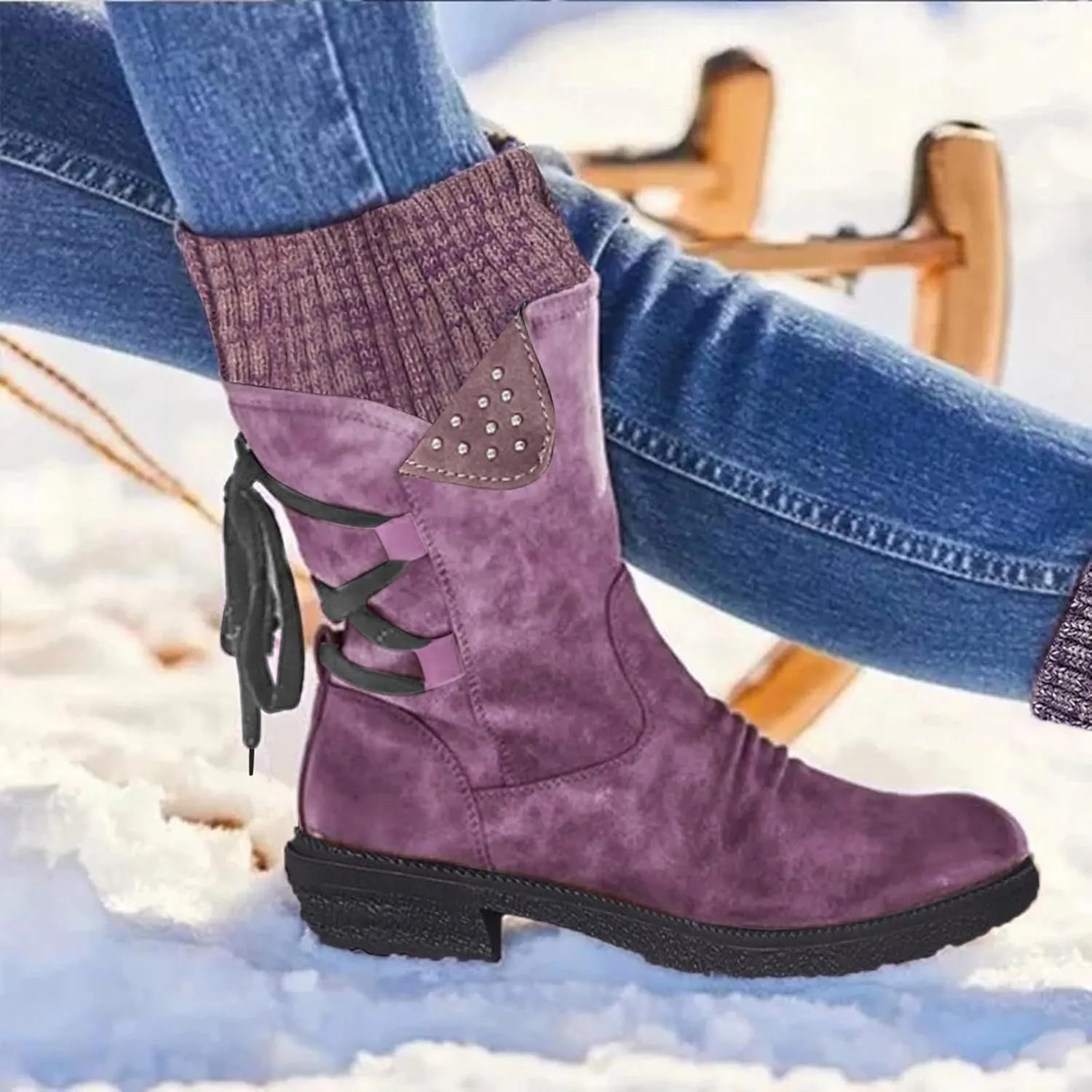 Snow Boots for Women Winter Warm Square Toe Shoes Lace Up Zip High Heel Booties Combat Mid Calf Boots Chunky Platform Boots