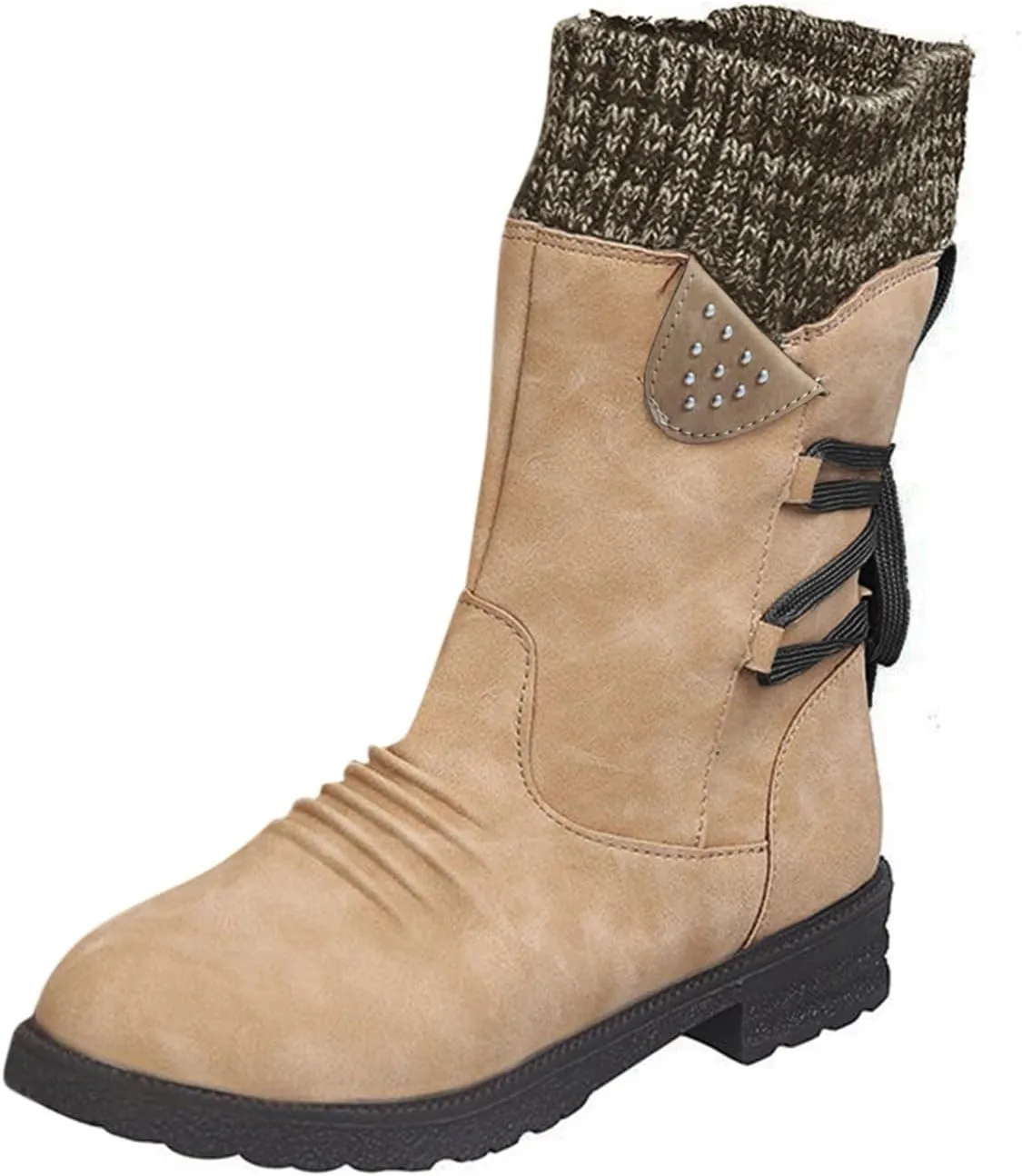 Snow Boots for Women Winter Warm Square Toe Shoes Lace Up Zip High Heel Booties Combat Mid Calf Boots Chunky Platform Boots