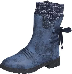 Snow Boots for Women Winter Warm Square Toe Shoes Lace Up Zip High Heel Booties Combat Mid Calf Boots Chunky Platform Boots