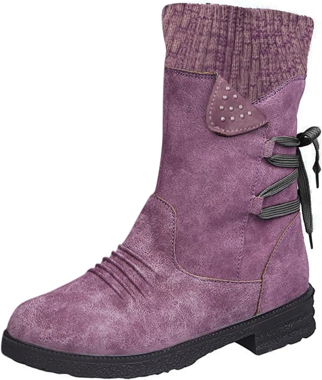 Snow Boots for Women Winter Warm Square Toe Shoes Lace Up Zip High Heel Booties Combat Mid Calf Boots Chunky Platform Boots
