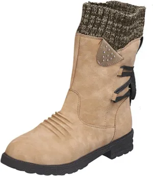 Snow Boots for Women Winter Warm Square Toe Shoes Lace Up Zip High Heel Booties Combat Mid Calf Boots Chunky Platform Boots