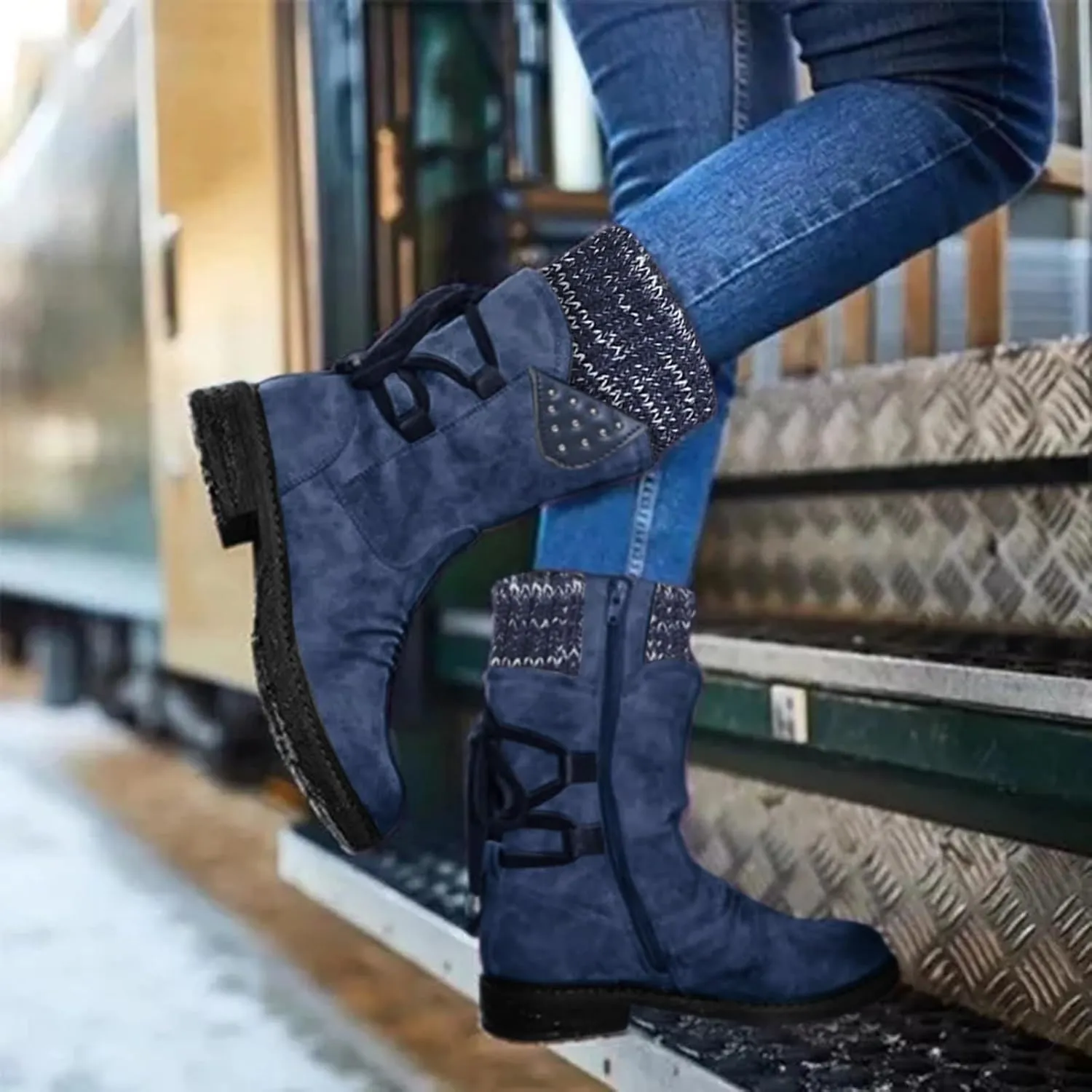 Snow Boots for Women Winter Warm Square Toe Shoes Lace Up Zip High Heel Booties Combat Mid Calf Boots Chunky Platform Boots