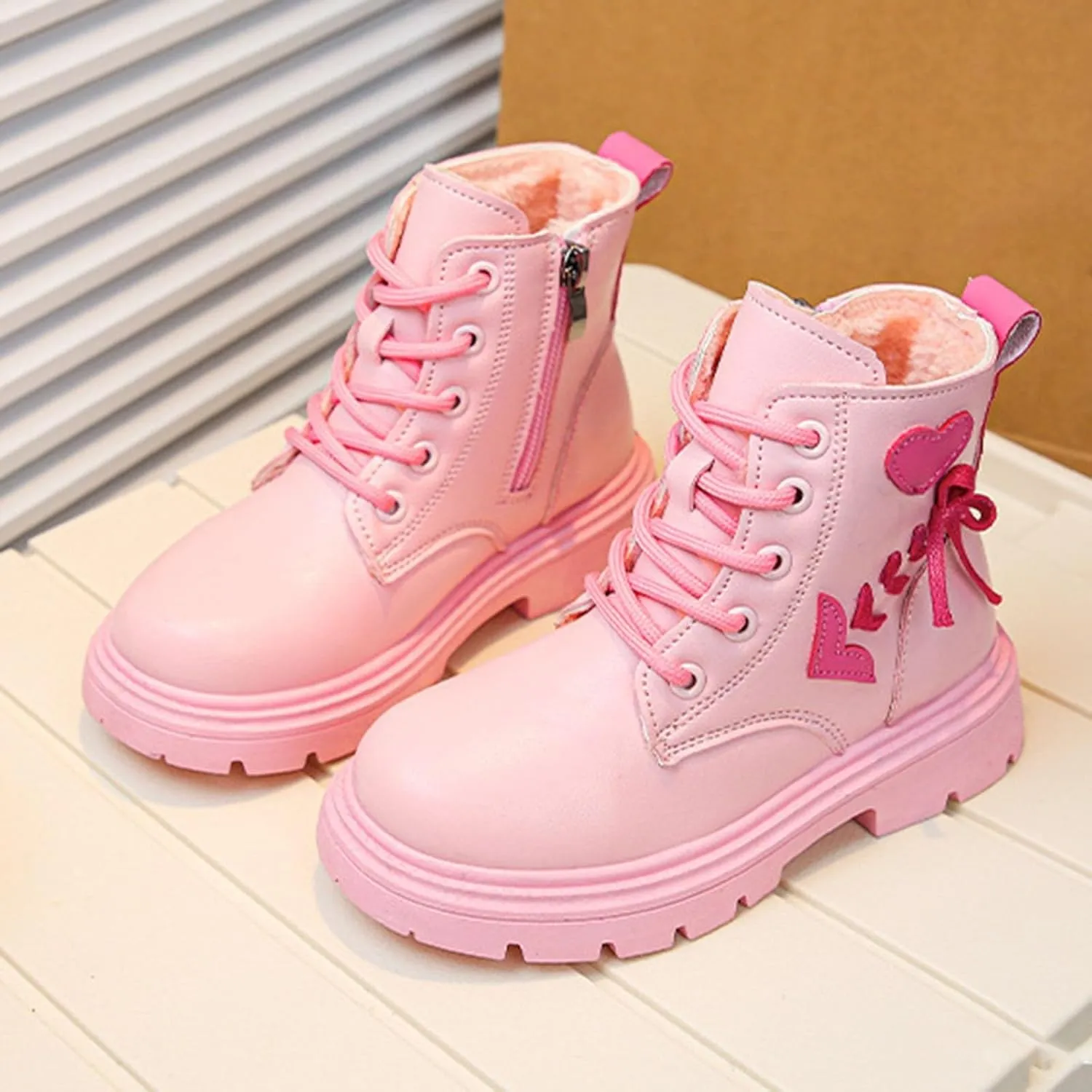 Toddler Boys Girls Boots Low Wedge Heel Booties with Side Zipper Warm Snow Bow Boots Stacked Block Heel Booties