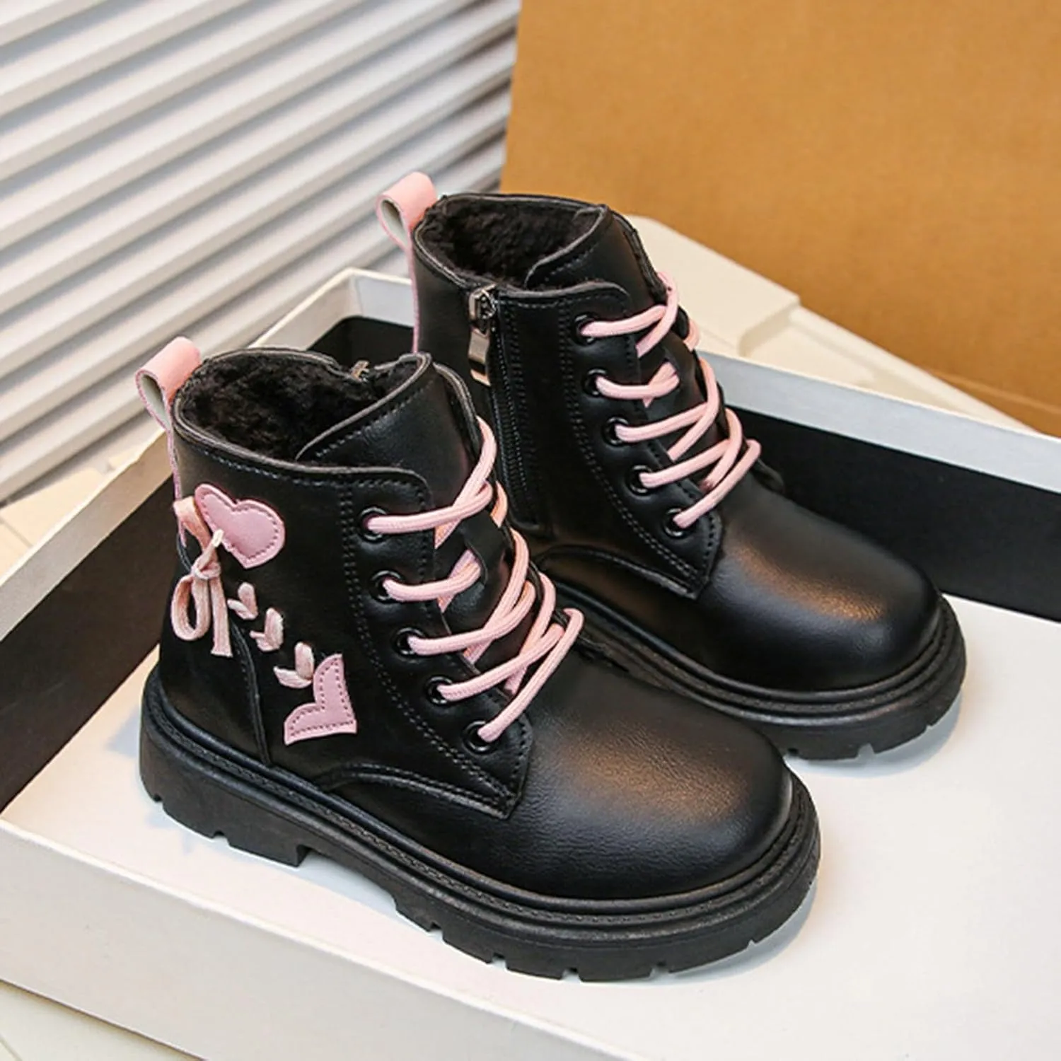 Toddler Boys Girls Boots Low Wedge Heel Booties with Side Zipper Warm Snow Bow Boots Stacked Block Heel Booties