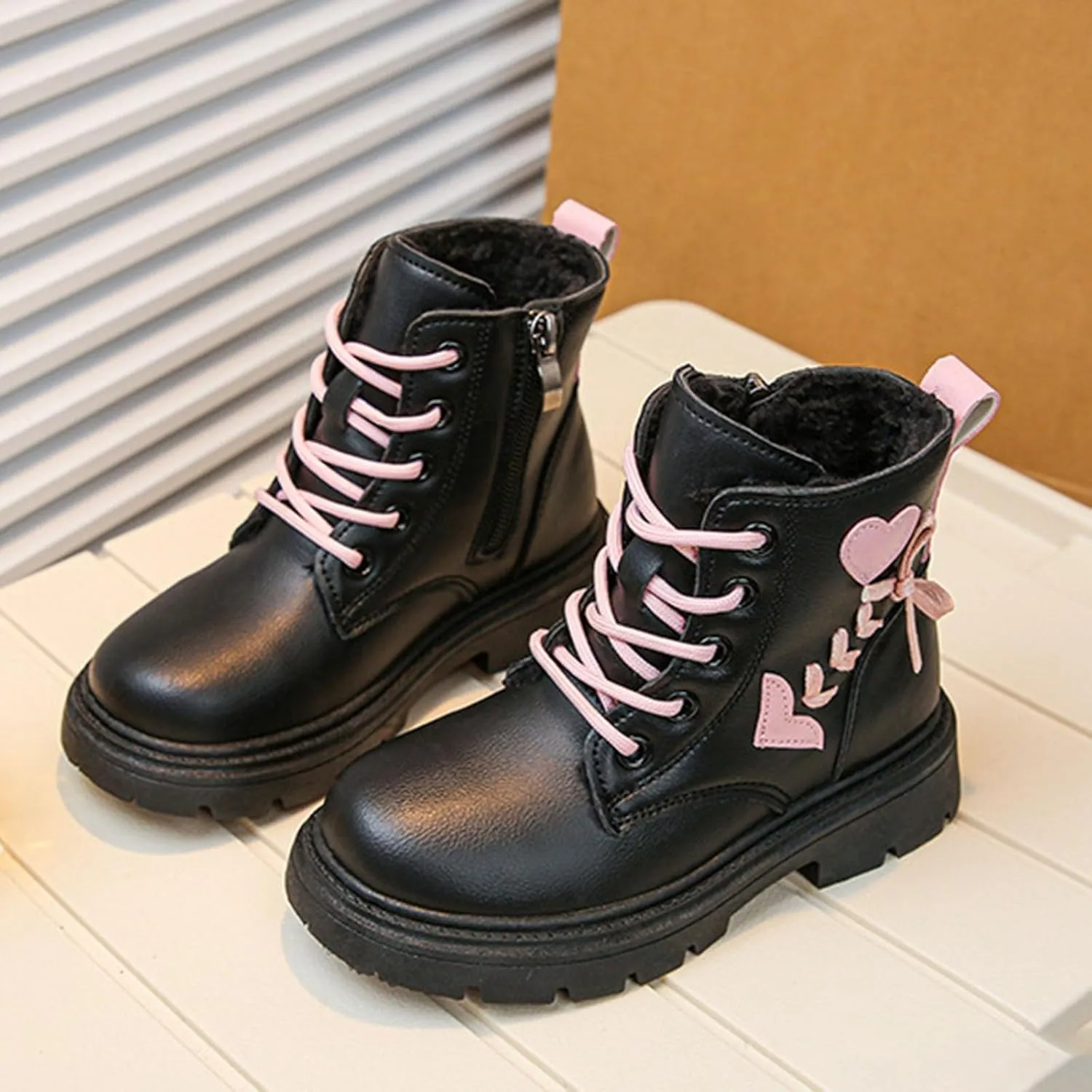 Toddler Boys Girls Boots Low Wedge Heel Booties with Side Zipper Warm Snow Bow Boots Stacked Block Heel Booties