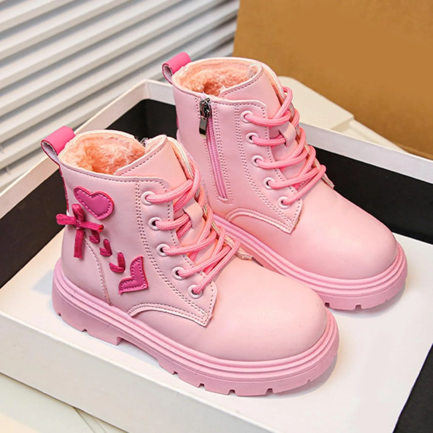 Toddler Boys Girls Boots Low Wedge Heel Booties with Side Zipper Warm Snow Bow Boots Stacked Block Heel Booties