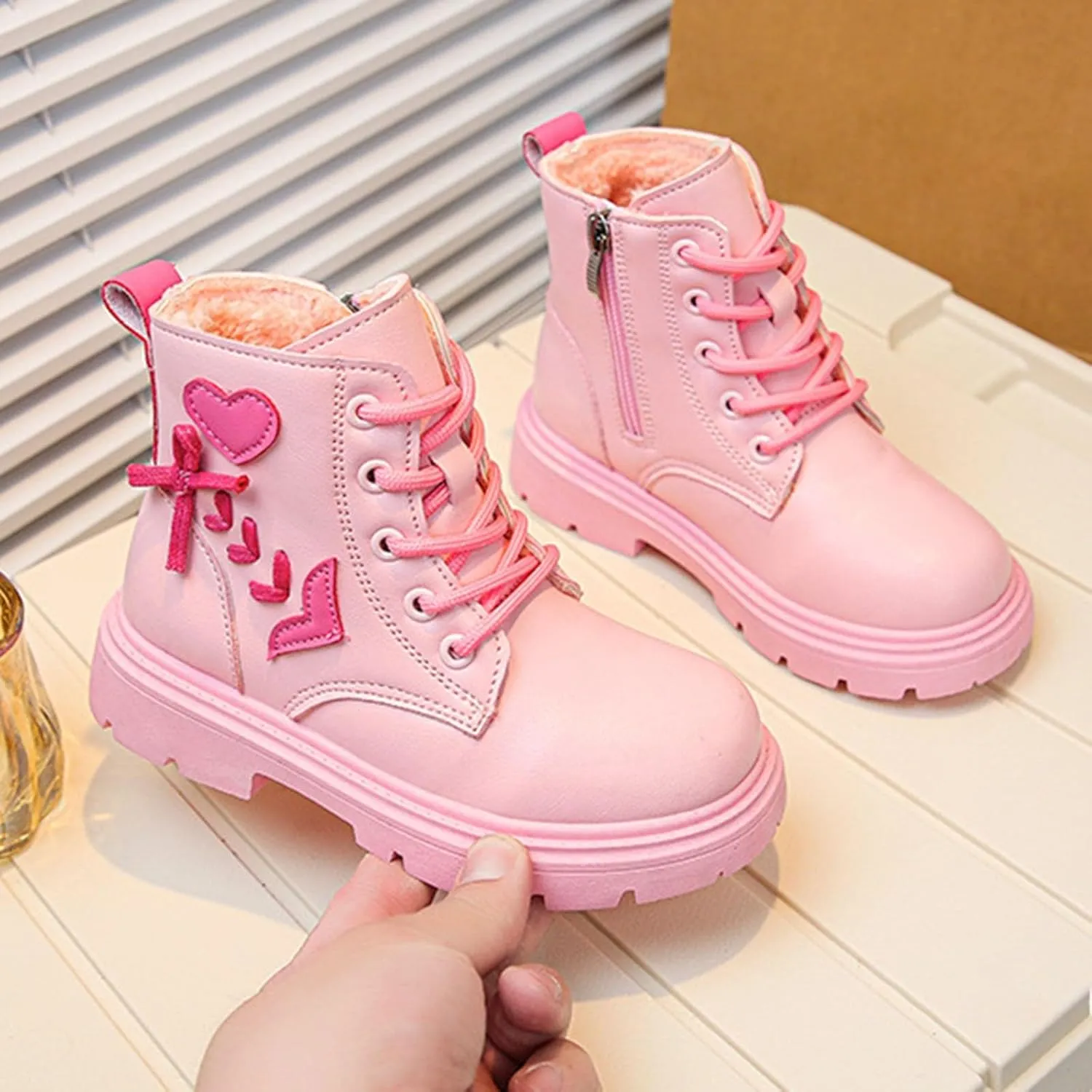 Toddler Boys Girls Boots Low Wedge Heel Booties with Side Zipper Warm Snow Bow Boots Stacked Block Heel Booties