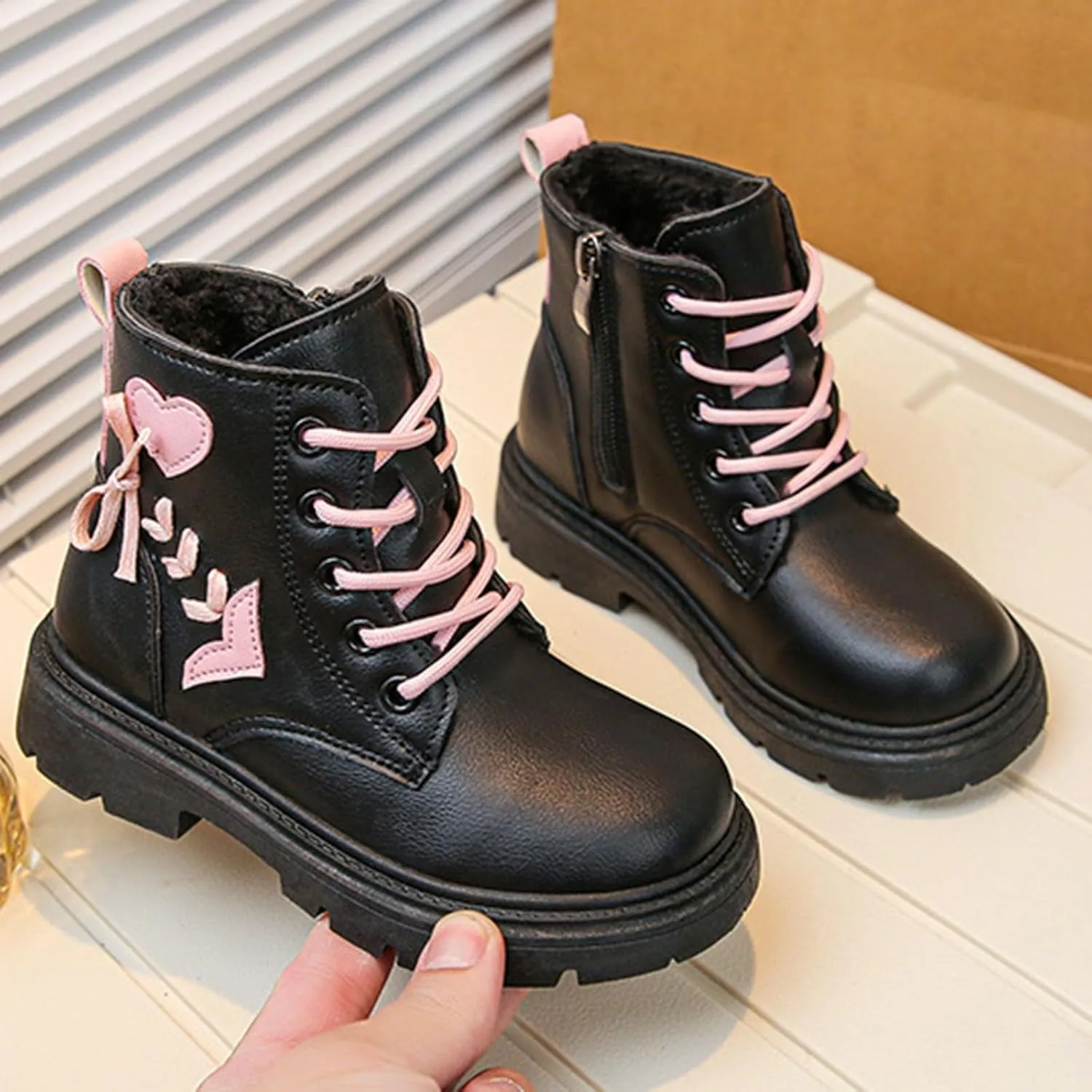 Toddler Boys Girls Boots Low Wedge Heel Booties with Side Zipper Warm Snow Bow Boots Stacked Block Heel Booties