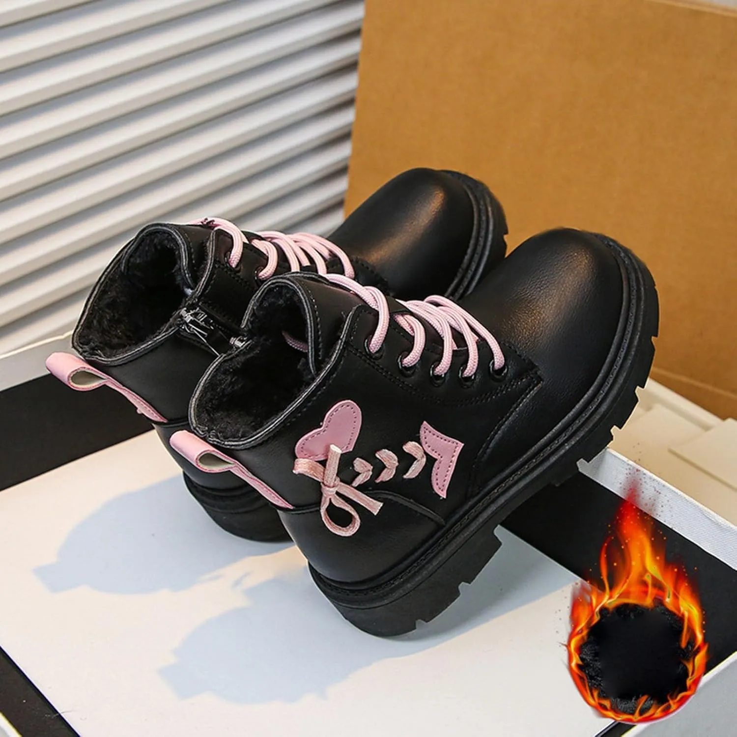 Toddler Boys Girls Boots Low Wedge Heel Booties with Side Zipper Warm Snow Bow Boots Stacked Block Heel Booties