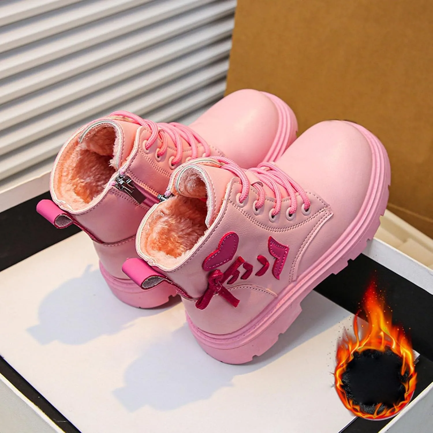 Toddler Boys Girls Boots Low Wedge Heel Booties with Side Zipper Warm Snow Bow Boots Stacked Block Heel Booties