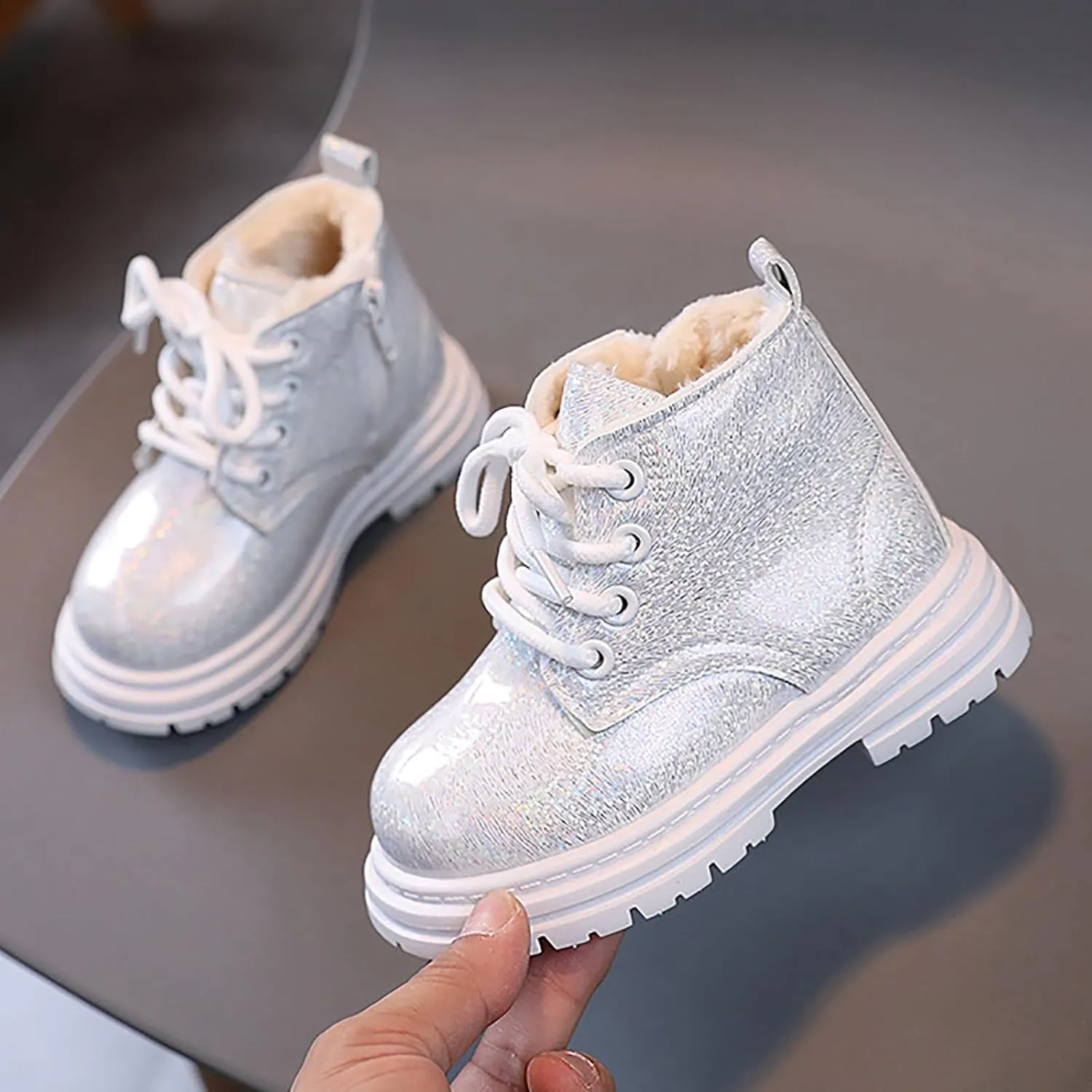 Toddler Girls Boys Ankle Boots Little Kids Glitter Lace Up Side Zip Combat Booties Fleece Lined Winter Warm Snow Boots