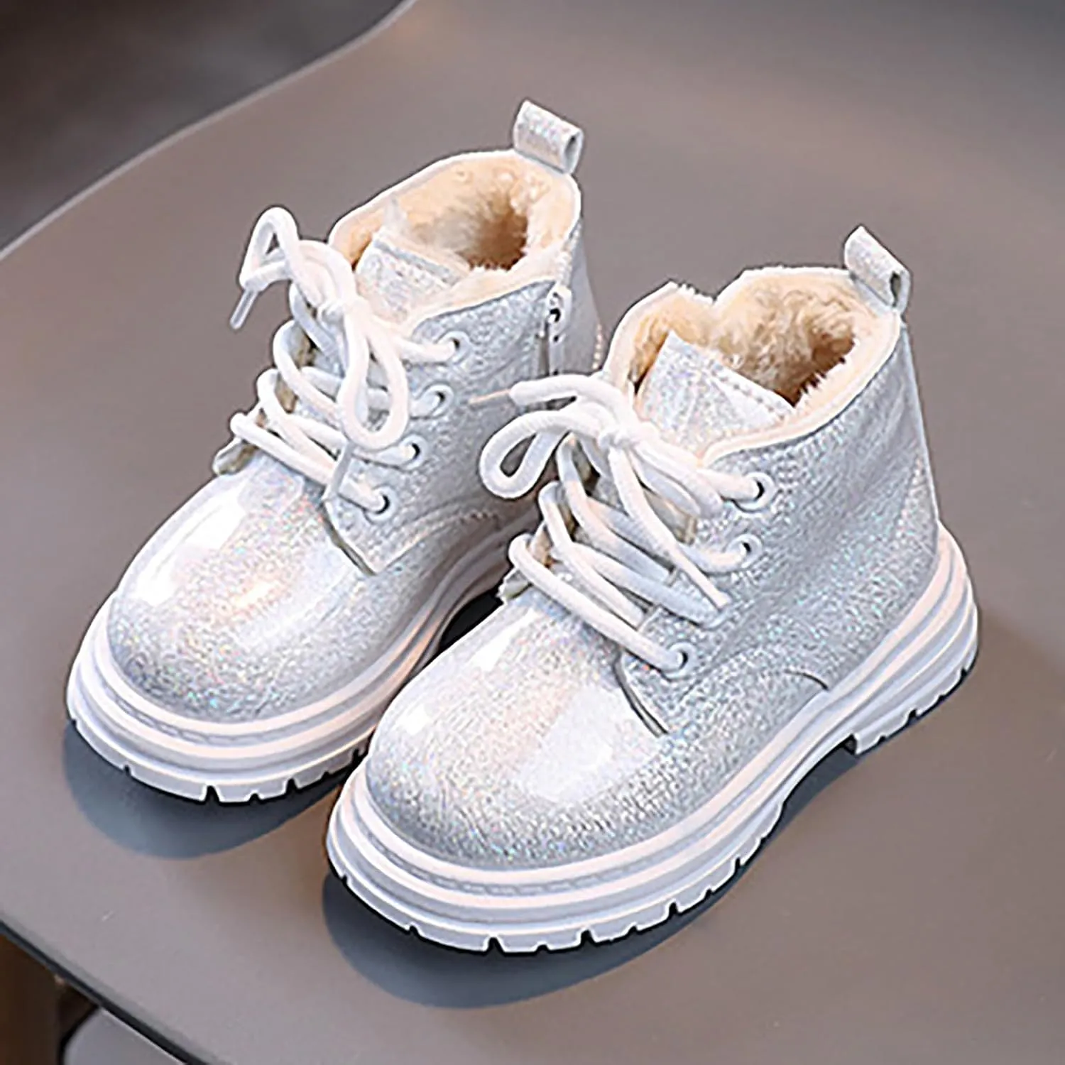 Toddler Girls Boys Ankle Boots Little Kids Glitter Lace Up Side Zip Combat Booties Fleece Lined Winter Warm Snow Boots