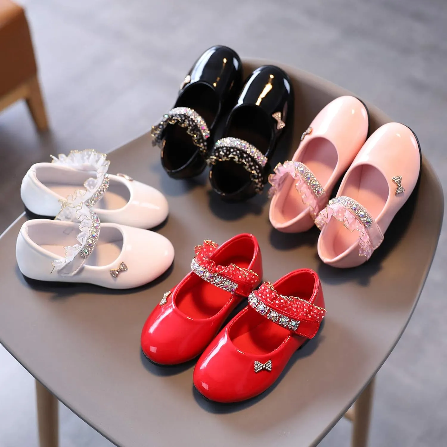 Toddler Girls Dress Shoes Rhinstones Mary Jane Ballet Flats Flower Girl School Party Wedding Shoes