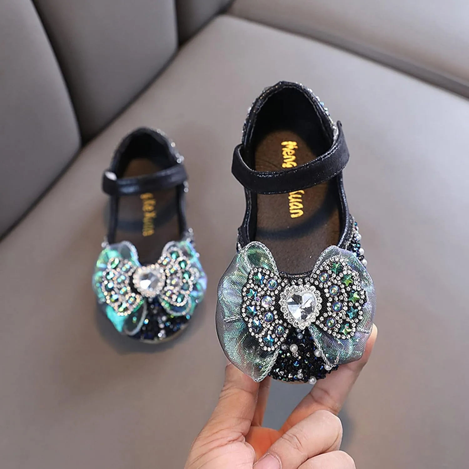 Toddler Girls hinestones Bows Mary Jane Ballet Flat Dress Shoes Flower Girls School Light up Sneaker for Girls