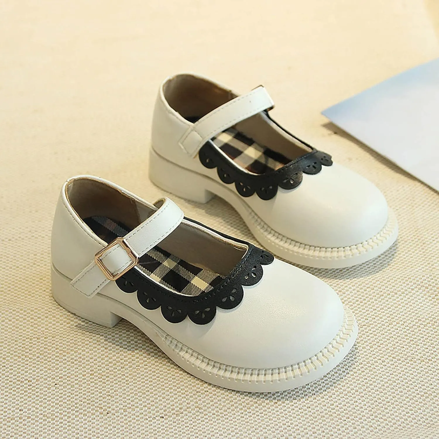 Toddler Little Girl's Ruffles Ankle Strap Mary Jane Flat𝘀, Vintage Cute Round Toe Leather 𝗨niform School Shoes