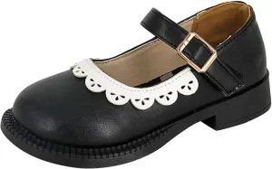 Toddler Little Girl's Ruffles Ankle Strap Mary Jane Flat𝘀, Vintage Cute Round Toe Leather 𝗨niform School Shoes
