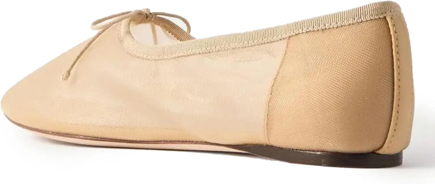 UBWDU Mesh Ballet Flats for Women Round Closed Toe Mary Jane Flats Ballerina Shoes with Bow