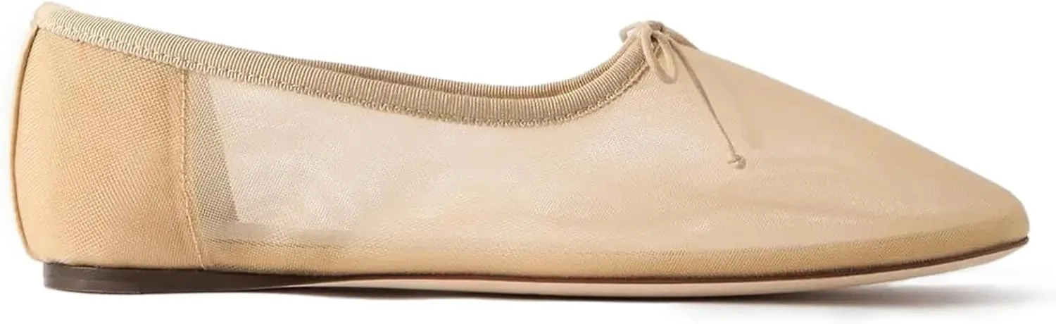 UBWDU Mesh Ballet Flats for Women Round Closed Toe Mary Jane Flats Ballerina Shoes with Bow