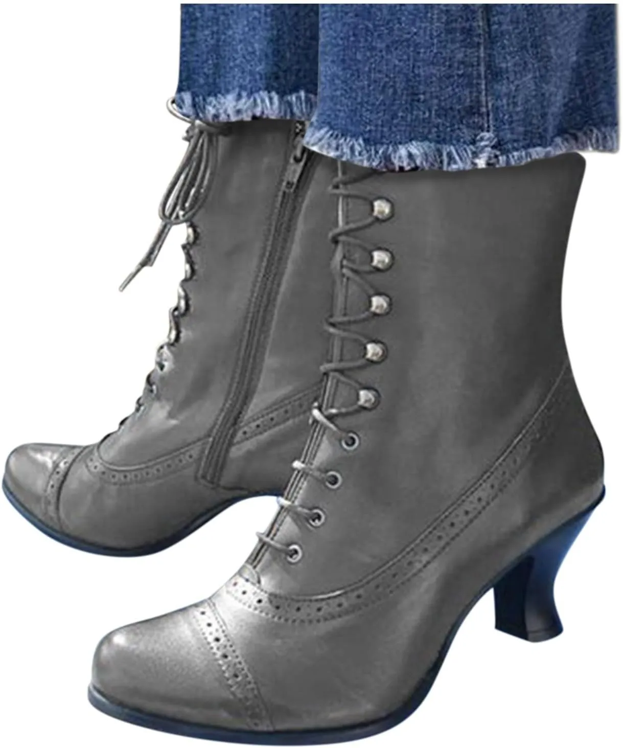 Victorian Boots for Women Vintage Boots 70s Lace up Ankle Boots Mid Heel Booties Heel Side Zippers Round Toe Costume Shoes
