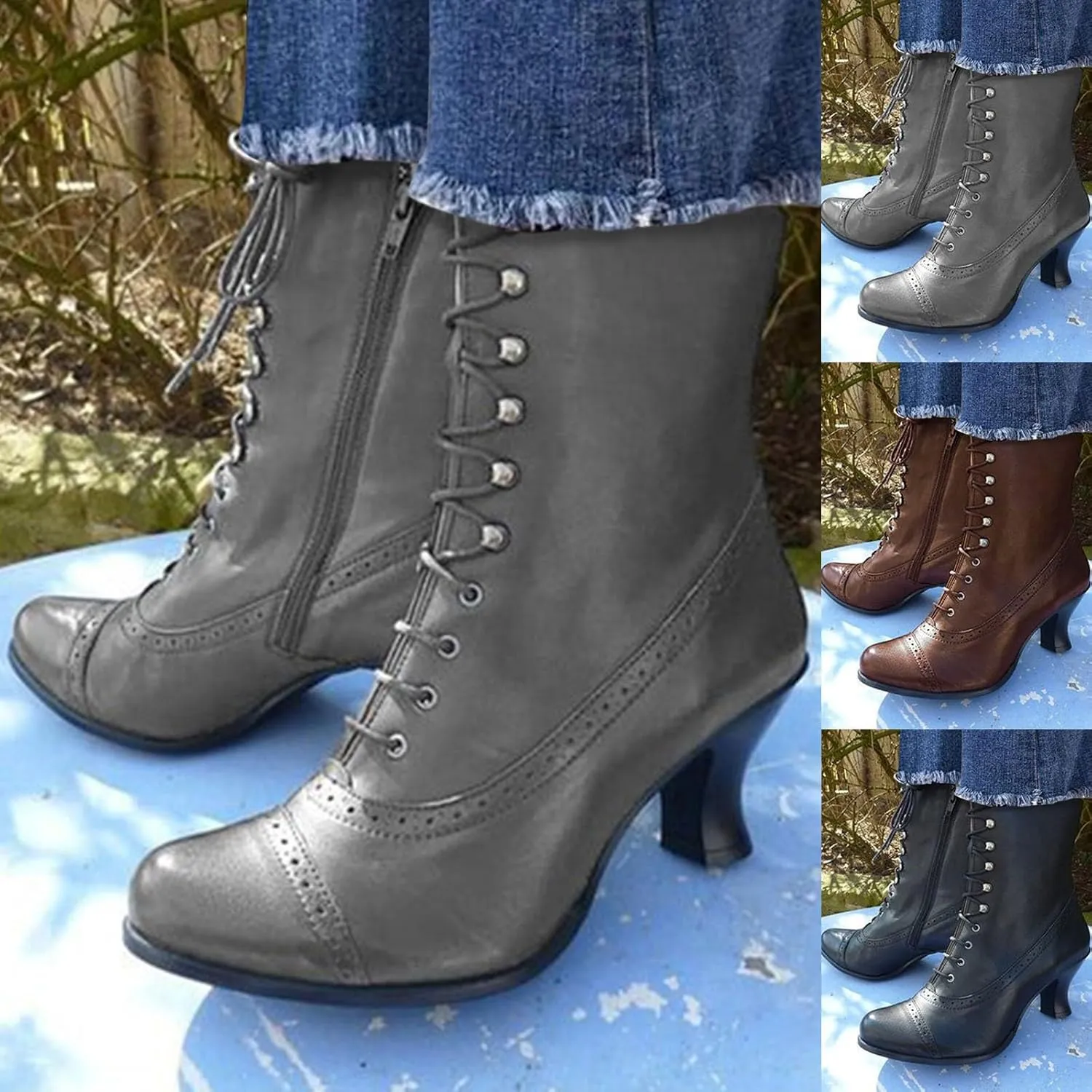 Victorian Boots for Women Vintage Boots 70s Lace up Ankle Boots Mid Heel Booties Heel Side Zippers Round Toe Costume Shoes