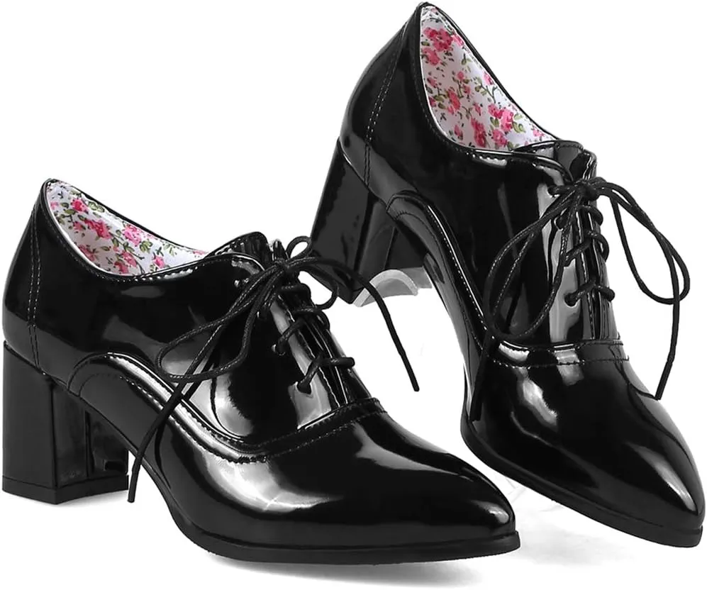 VOKLIN Women's Pointed Toe Lace Up Pump Oxfords Vintage Chunky Mid Block Heels Brogues Office Dress Shoes