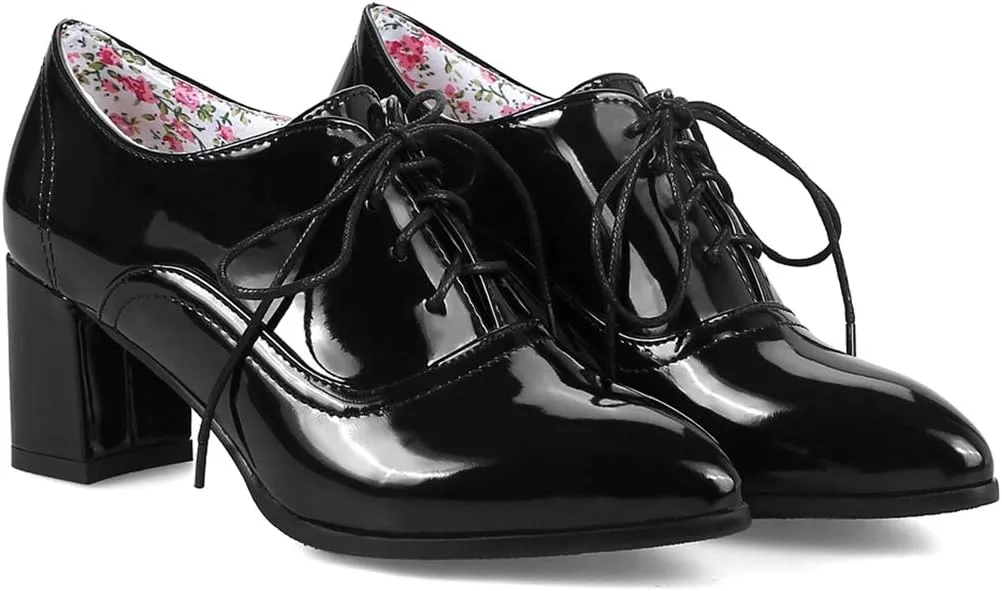 VOKLIN Women's Pointed Toe Lace Up Pump Oxfords Vintage Chunky Mid Block Heels Brogues Office Dress Shoes