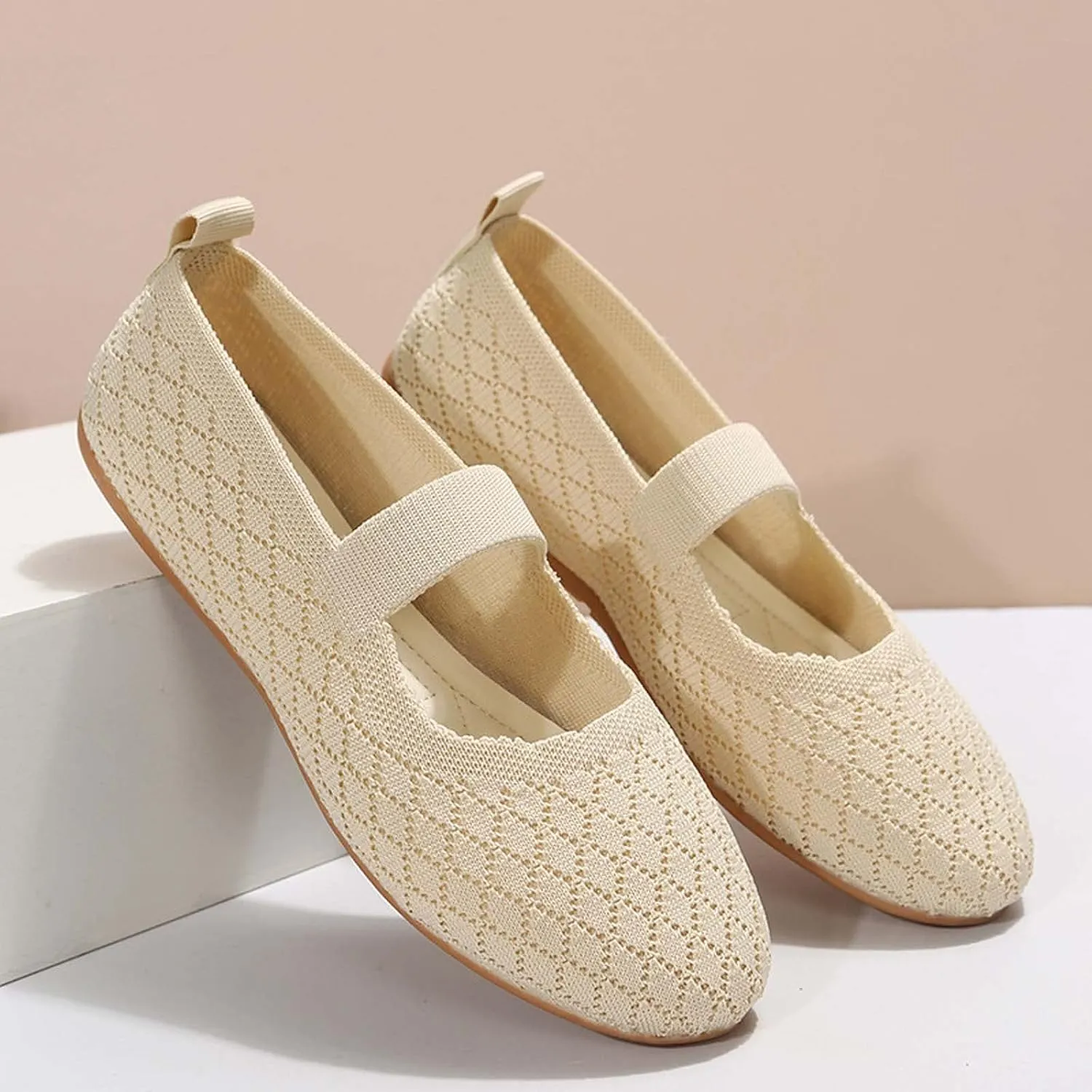 White Ballet Flats for Women Round Toe Mary Jane Shoes Comfortable Dressy Womens Straps Washable Knit Slip On Sandals