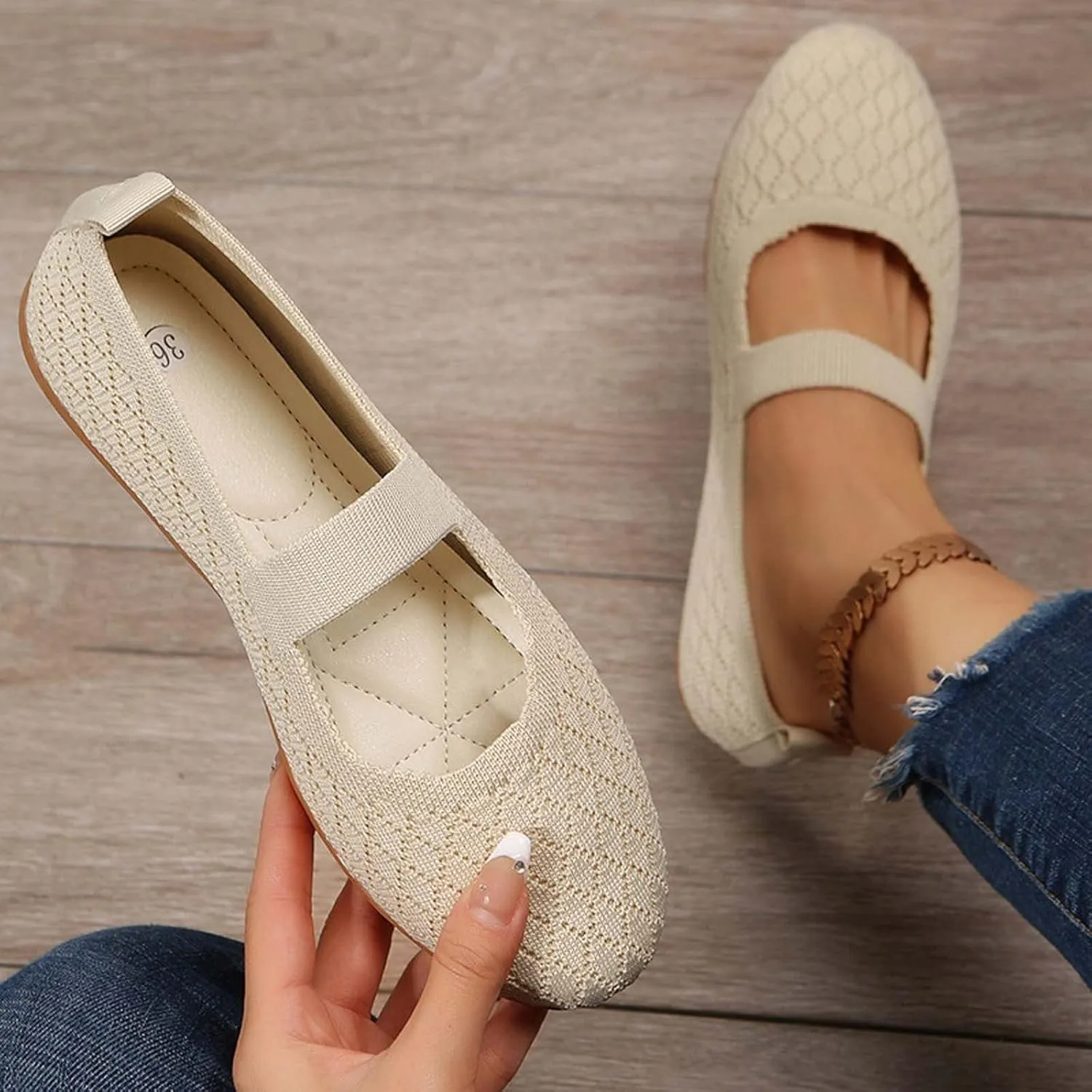White Ballet Flats for Women Round Toe Mary Jane Shoes Comfortable Dressy Womens Straps Washable Knit Slip On Sandals
