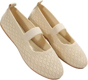 White Ballet Flats for Women Round Toe Mary Jane Shoes Comfortable Dressy Womens Straps Washable Knit Slip On Sandals