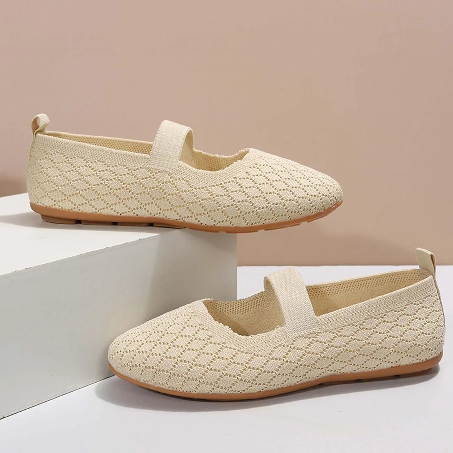 White Ballet Flats for Women Round Toe Mary Jane Shoes Comfortable Dressy Womens Straps Washable Knit Slip On Sandals