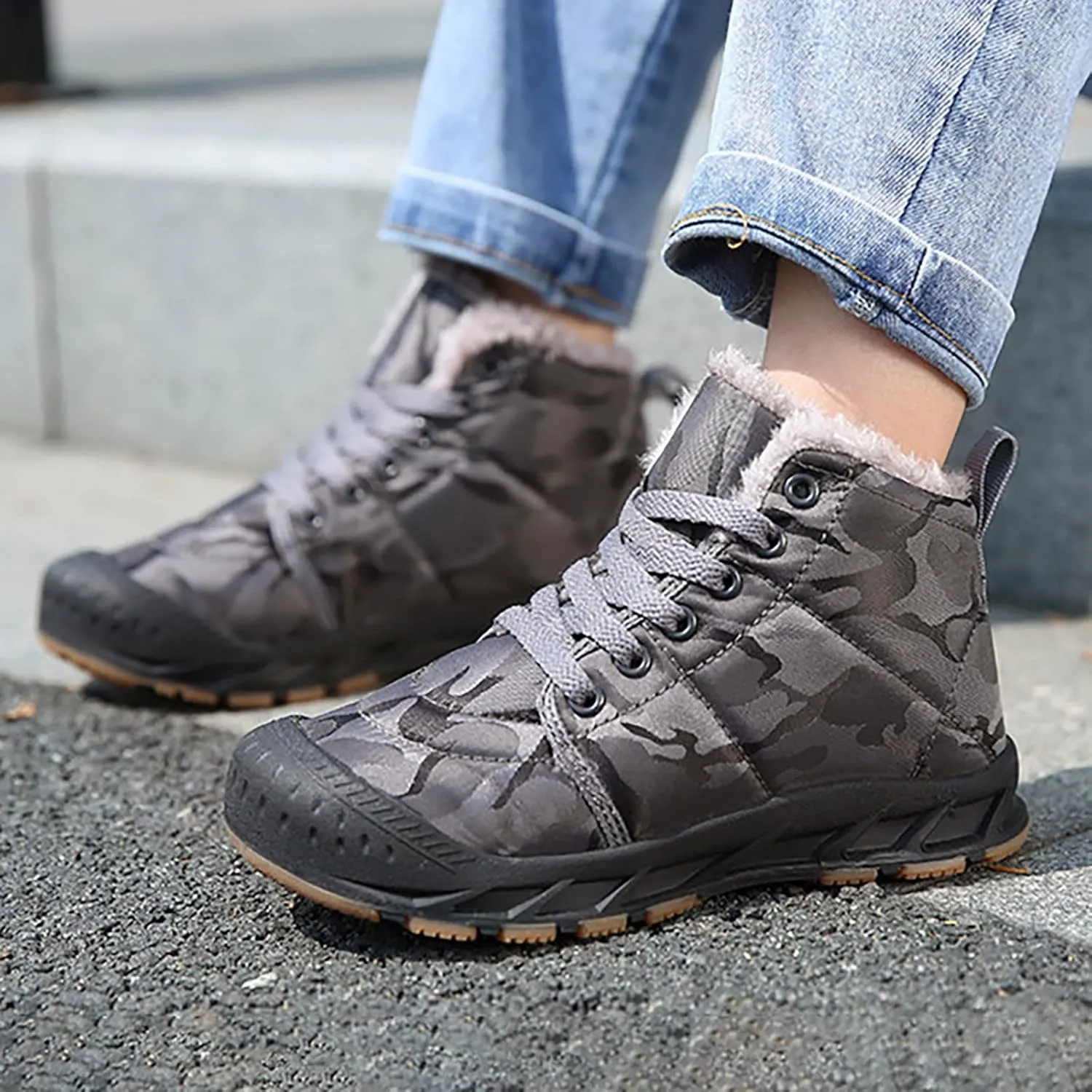 Winter Snow Boots for Kids Warm Faux Fur Lined Ankle Booties Lace Up Slip on Outdoor Walking Shoes for Boys Girls