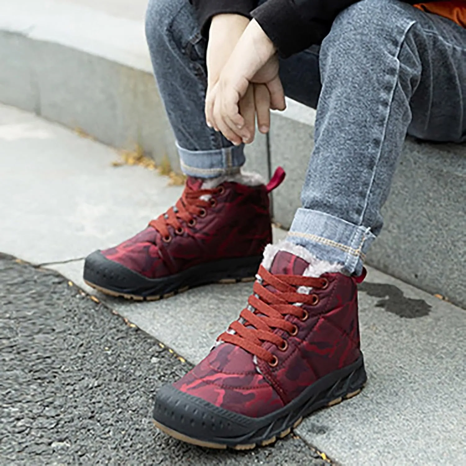 Winter Snow Boots for Kids Warm Faux Fur Lined Ankle Booties Lace Up Slip on Outdoor Walking Shoes for Boys Girls