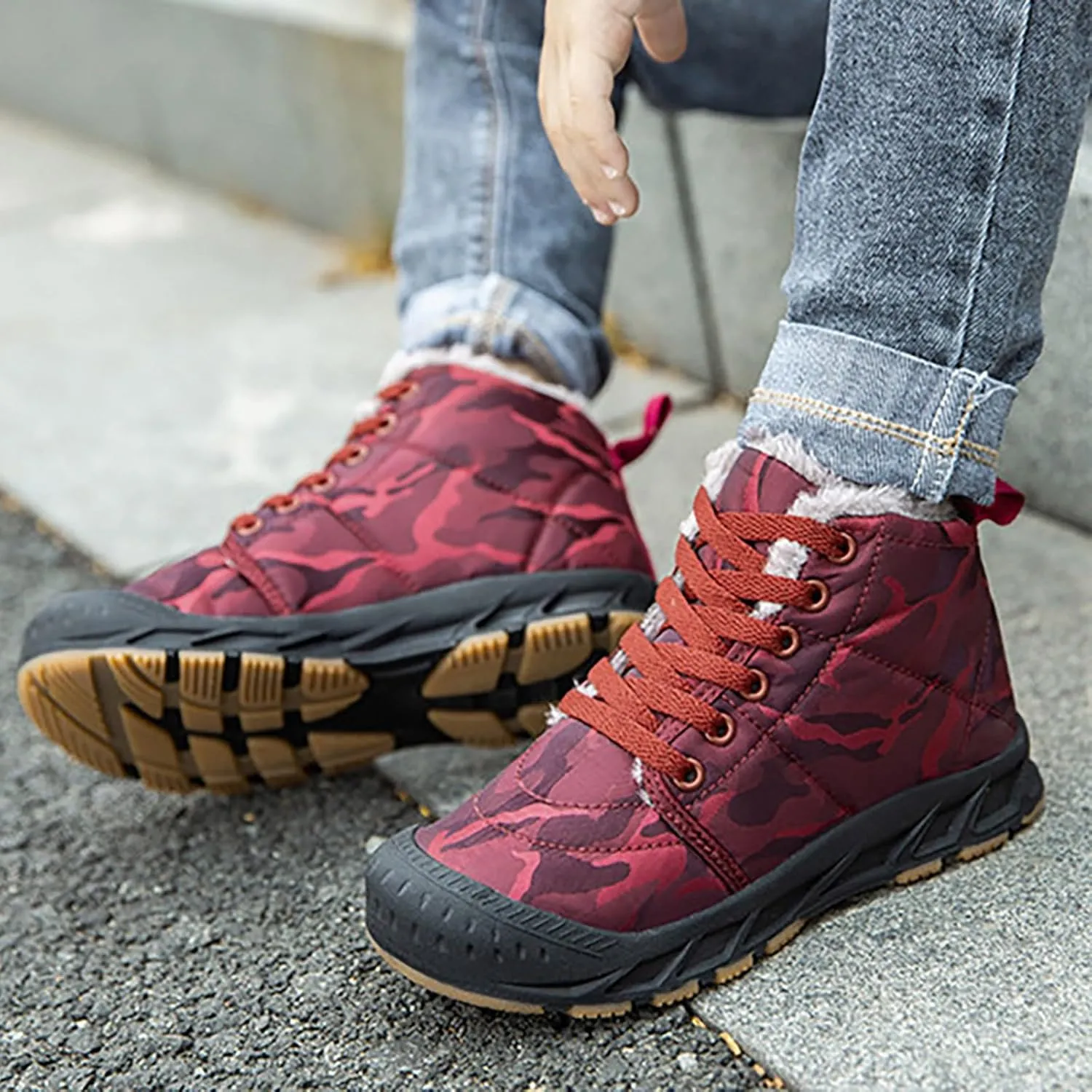 Winter Snow Boots for Kids Warm Faux Fur Lined Ankle Booties Lace Up Slip on Outdoor Walking Shoes for Boys Girls