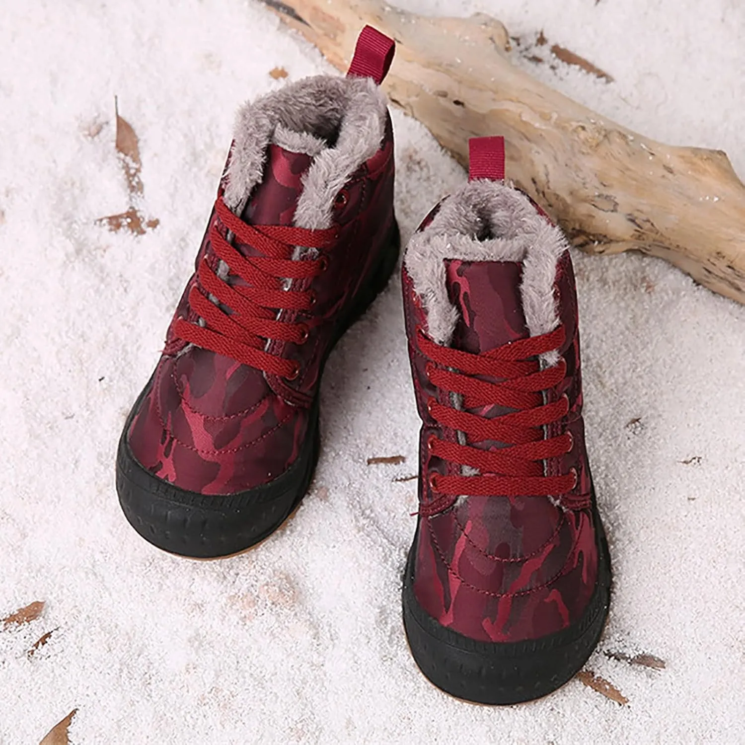 Winter Snow Boots for Kids Warm Faux Fur Lined Ankle Booties Lace Up Slip on Outdoor Walking Shoes for Boys Girls