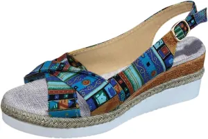Women Geometric Pattern Slingback Sandals Vacation Canvas Wedge Sandals Bohemian Womens Sandals Platform Wedges