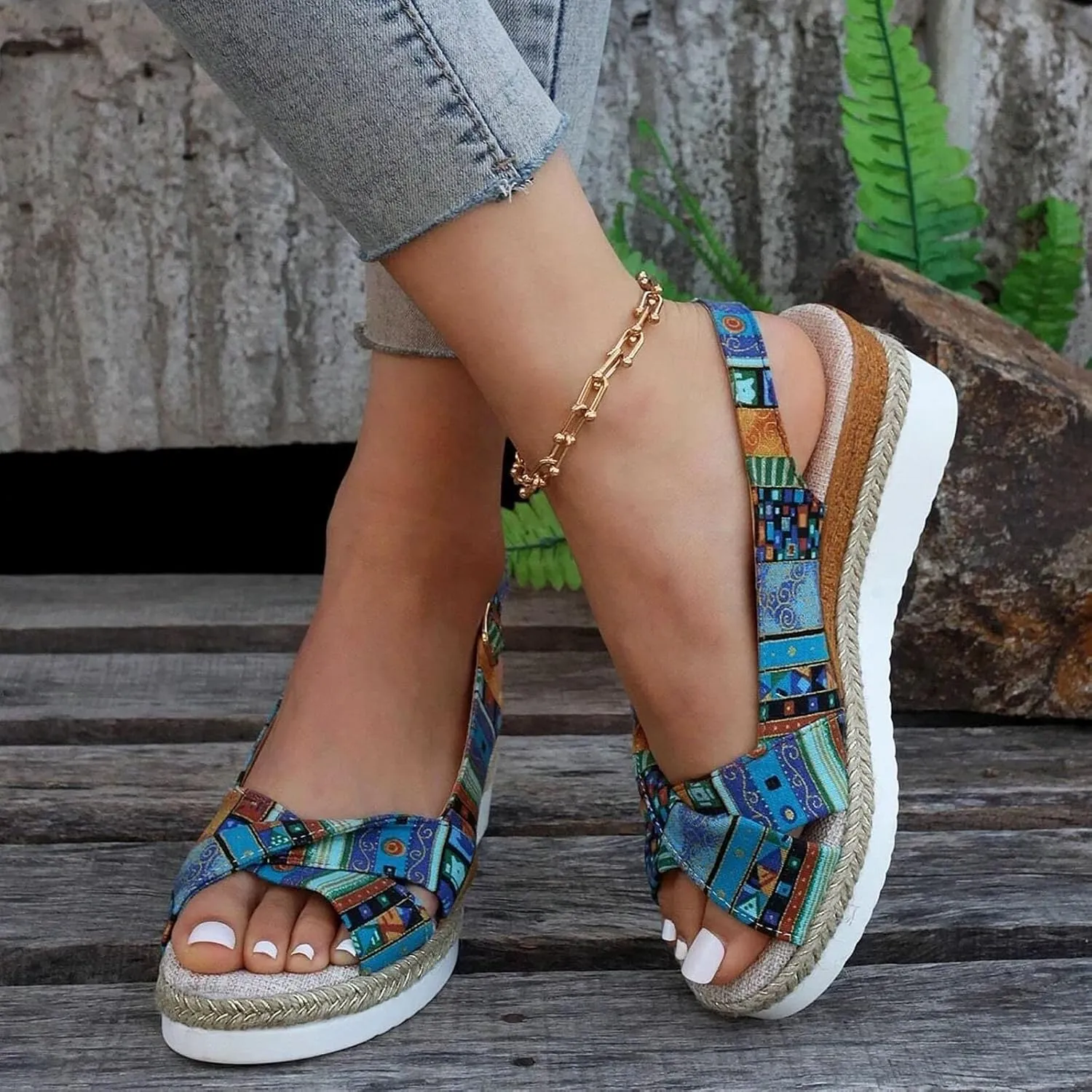 Women Geometric Pattern Slingback Sandals Vacation Canvas Wedge Sandals Bohemian Womens Sandals Platform Wedges