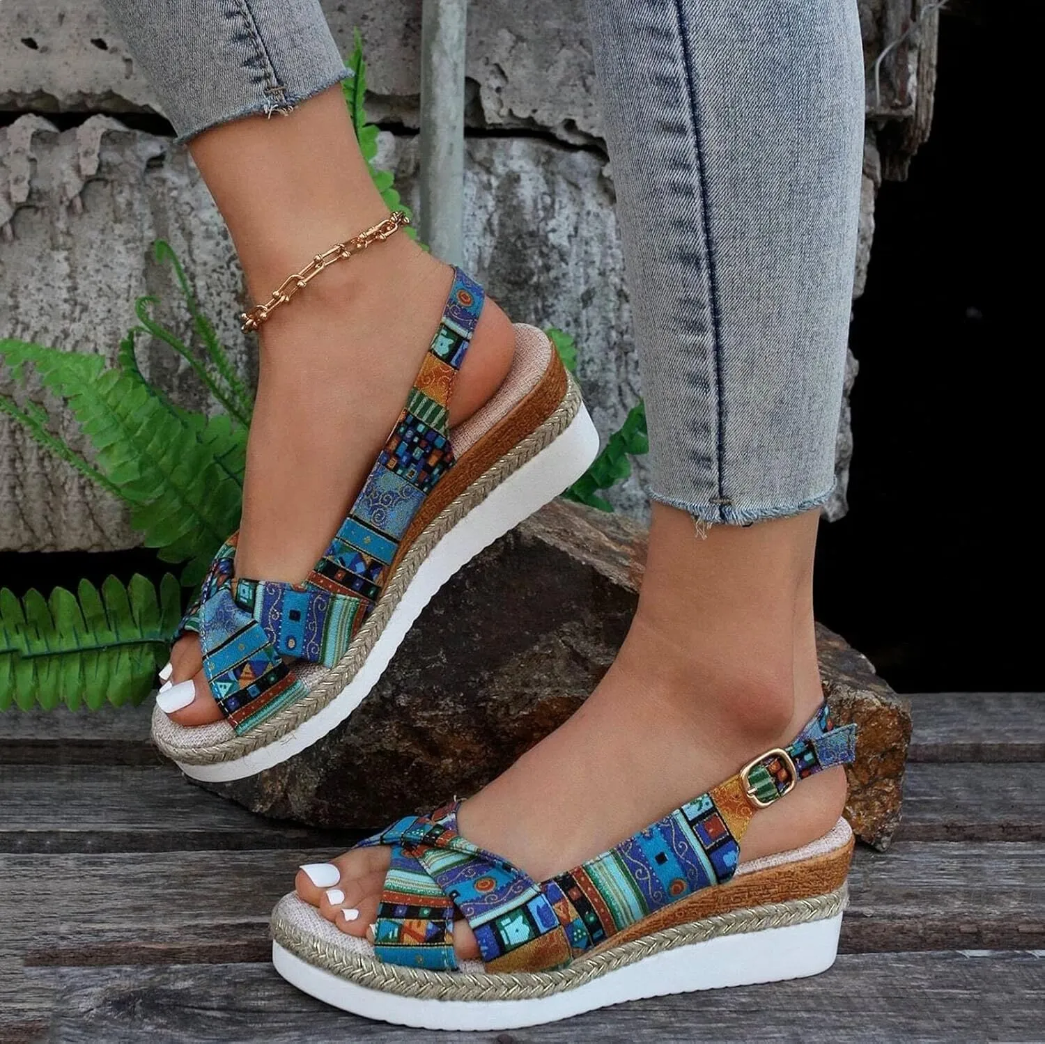 Women Geometric Pattern Slingback Sandals Vacation Canvas Wedge Sandals Bohemian Womens Sandals Platform Wedges