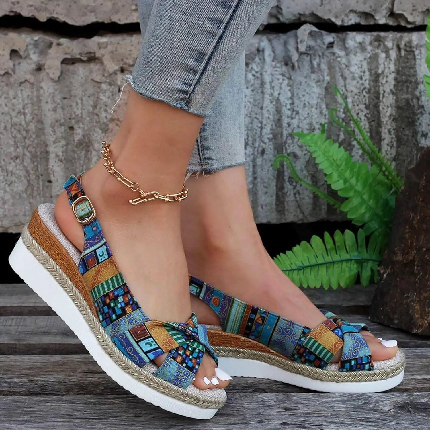 Women Geometric Pattern Slingback Sandals Vacation Canvas Wedge Sandals Bohemian Womens Sandals Platform Wedges