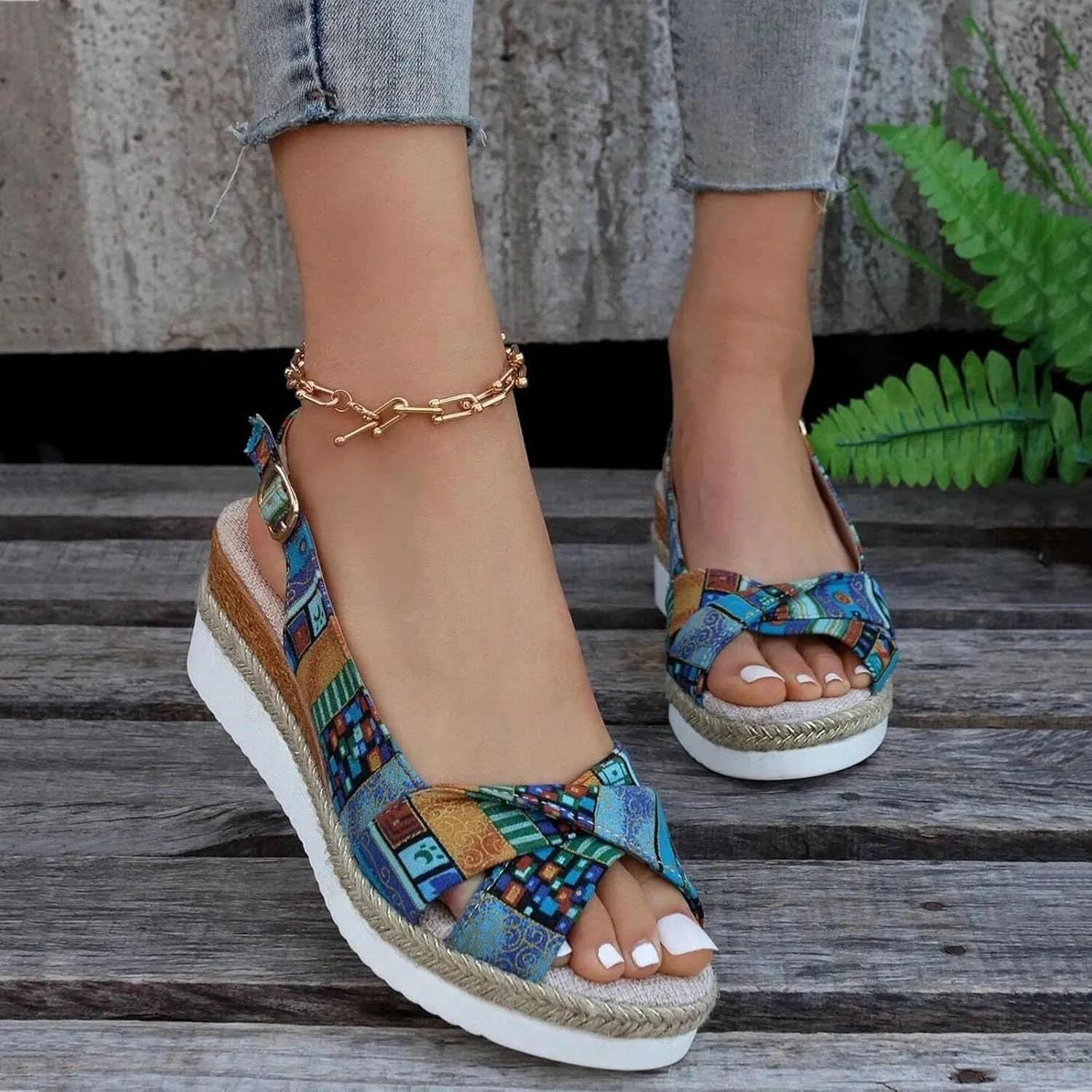 Women Geometric Pattern Slingback Sandals Vacation Canvas Wedge Sandals Bohemian Womens Sandals Platform Wedges