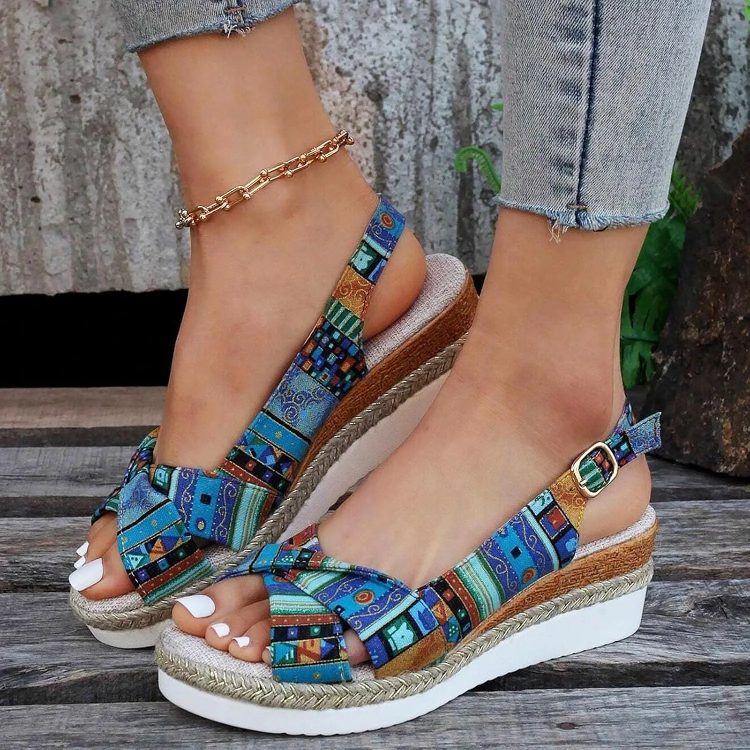 Women Geometric Pattern Slingback Sandals Vacation Canvas Wedge Sandals Bohemian Womens Sandals Platform Wedges