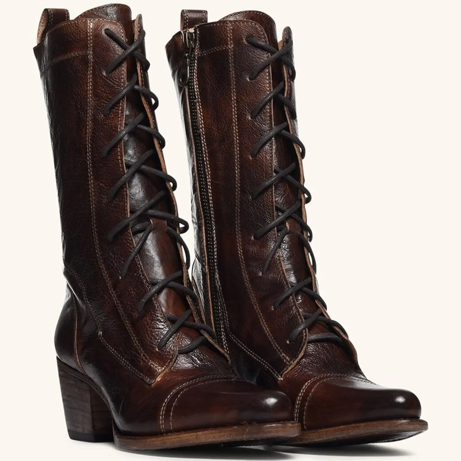 Women Mid Calf Boots Autumn And Winter Foreign Trade Large Fashion Retro Lace Up Comfortable Square Heel Thick Heel Cowboy Outfit