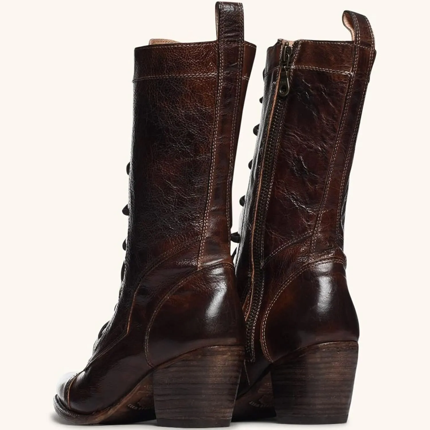 Women Mid Calf Boots Autumn And Winter Foreign Trade Large Fashion Retro Lace Up Comfortable Square Heel Thick Heel Cowboy Outfit