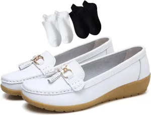 Women Non-Slip Moccasins, Women's Comfortable Leather Tassel Slip-On Breathable Nurse Loafers, with Flat Boat Socks 2 Pairs, with Metal Decoration Driving Shoes, for Mother's Day