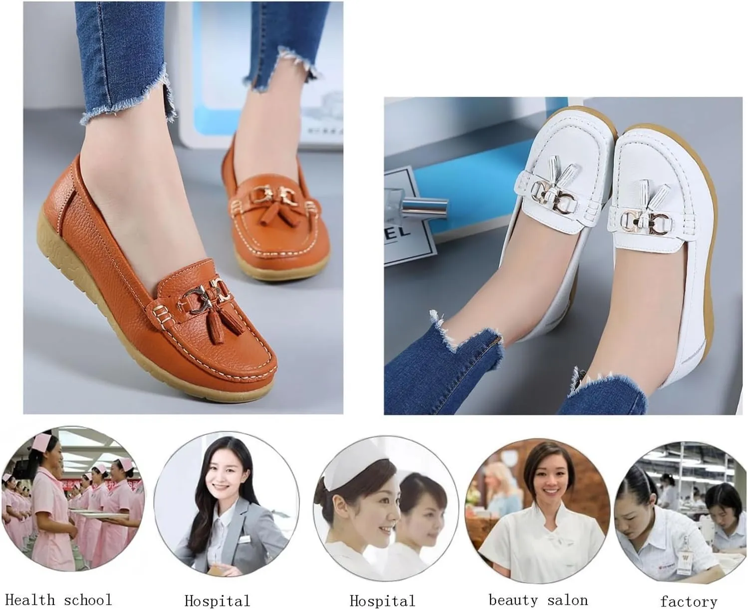 Women Non-Slip Moccasins, Women's Comfortable Leather Tassel Slip-On Breathable Nurse Loafers, with Flat Boat Socks 2 Pairs, with Metal Decoration Driving Shoes, for Mother's Day