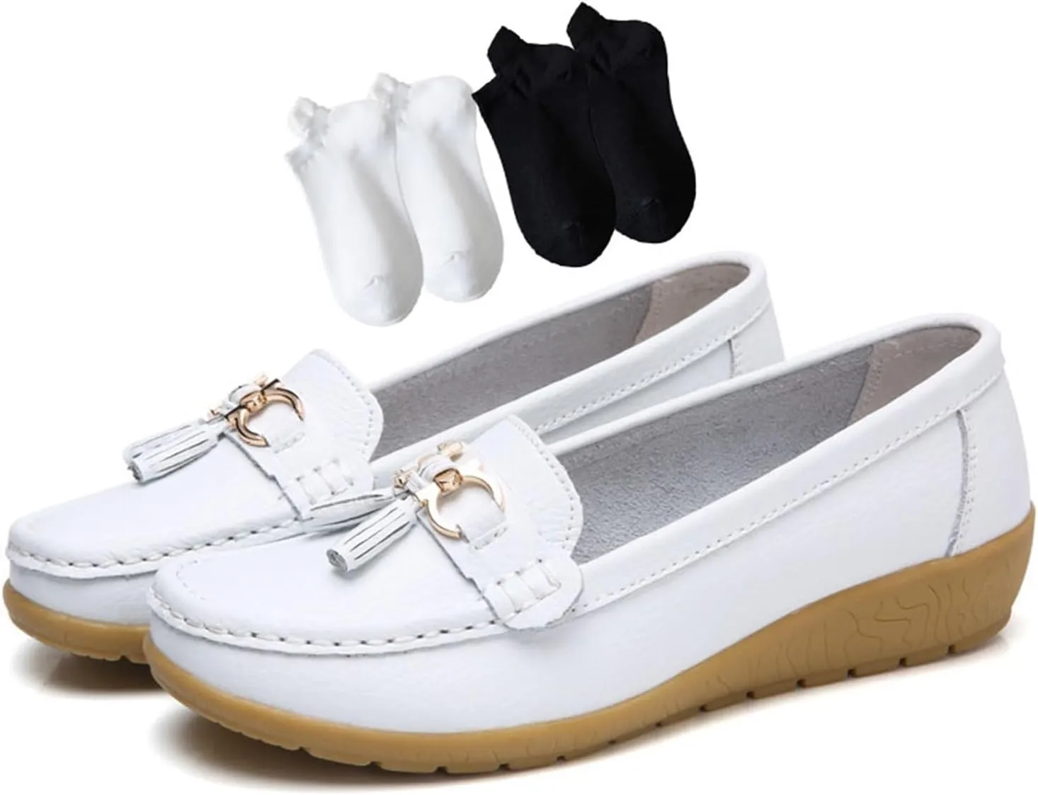 Women Non-Slip Moccasins, Women's Comfortable Leather Tassel Slip-On Breathable Nurse Loafers, with Flat Boat Socks 2 Pairs, with Metal Decoration Driving Shoes, for Mother's Day