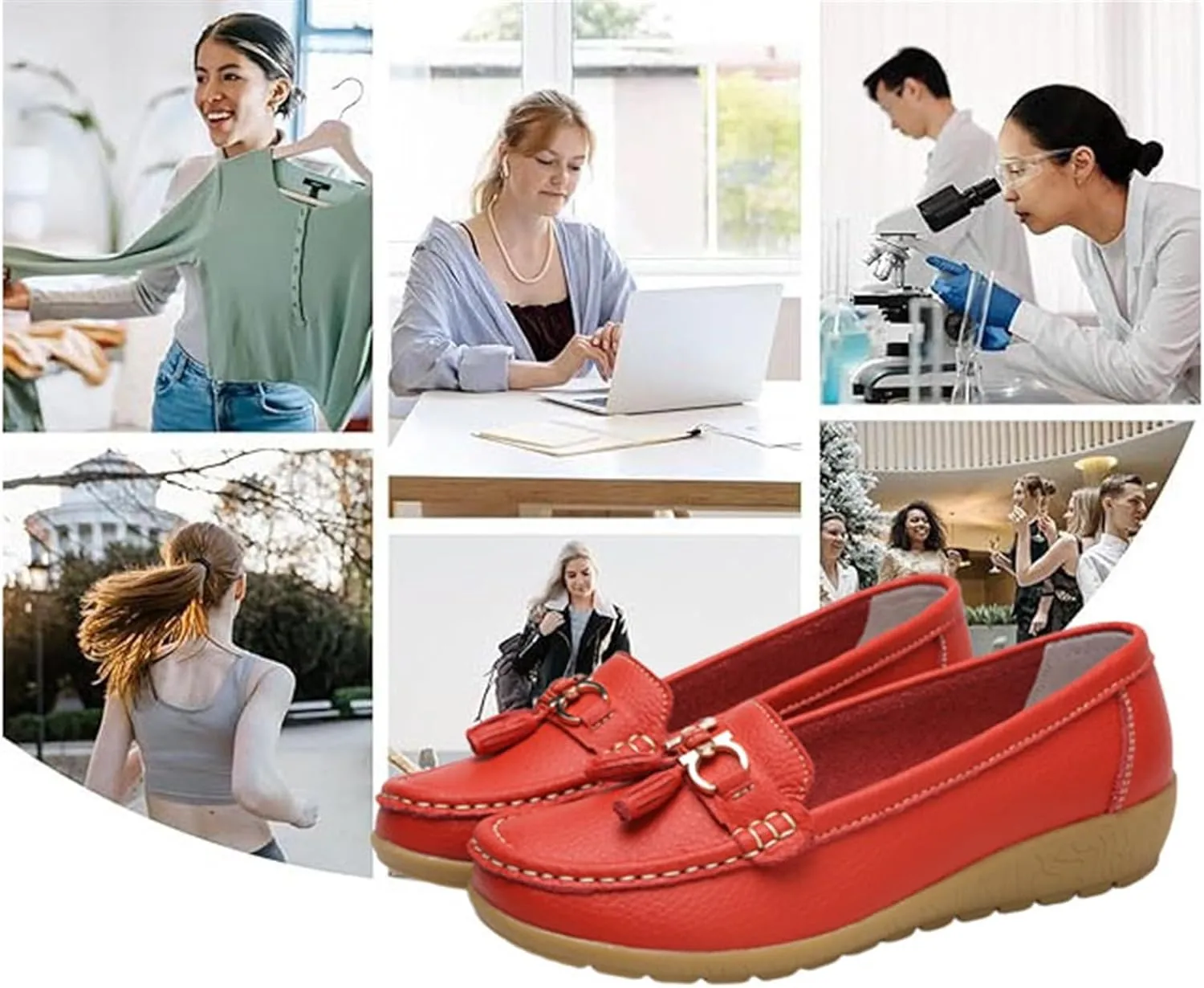 Women Non-Slip Moccasins, Women's Comfortable Leather Tassel Slip-On Breathable Nurse Loafers, with Flat Boat Socks 2 Pairs, with Metal Decoration Driving Shoes, for Mother's Day