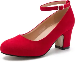 Women's Ankle Strap Low Block Chunky Heels Pumps Closed Round Toe Dress Wedding Office Work Shoes