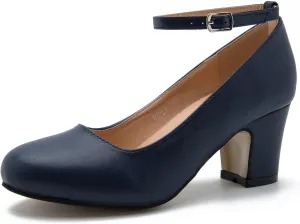 Women's Ankle Strap Low Block Chunky Heels Pumps Closed Round Toe Dress Wedding Office Work Shoes