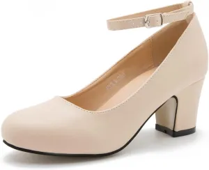 Women's Ankle Strap Low Block Chunky Heels Pumps Closed Round Toe Dress Wedding Office Work Shoes
