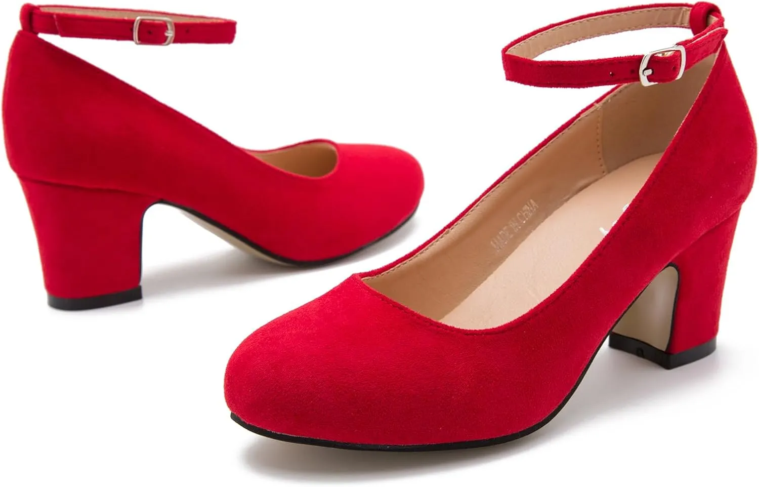 Women's Ankle Strap Low Block Chunky Heels Pumps Closed Round Toe Dress Wedding Office Work Shoes